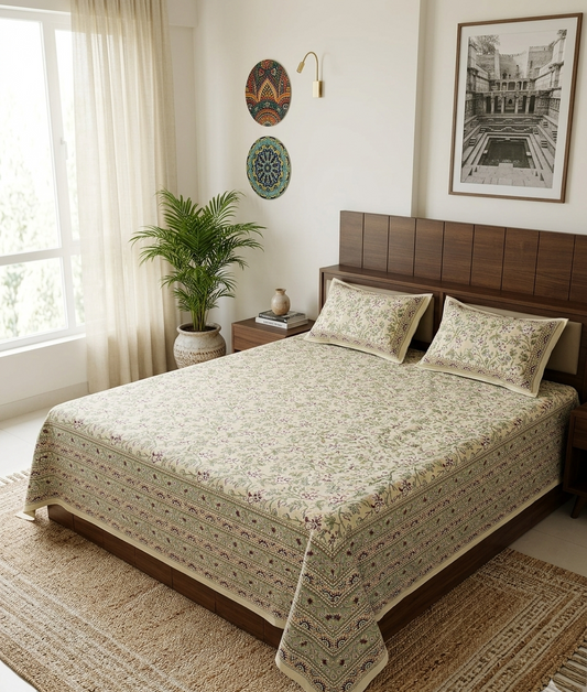 Bedroom with a bed covered in a patterned quilt, wooden headboard, and decorative elements.