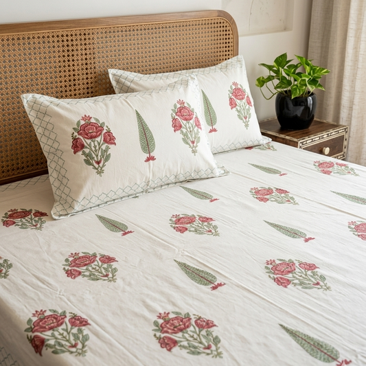 Kadambini - Floral and Leaf Boota Print | Everyday Cotton Bedsheet