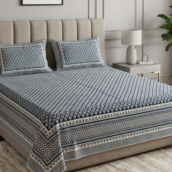 Bagru Boota - Blue | Everyday Cotton Bedsheet