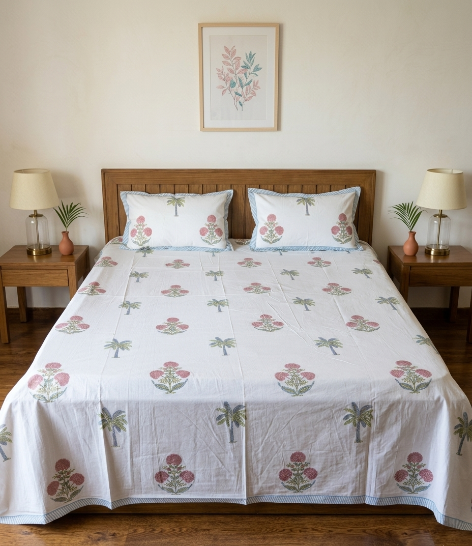 Tropical Print Bedsheet Set Pink