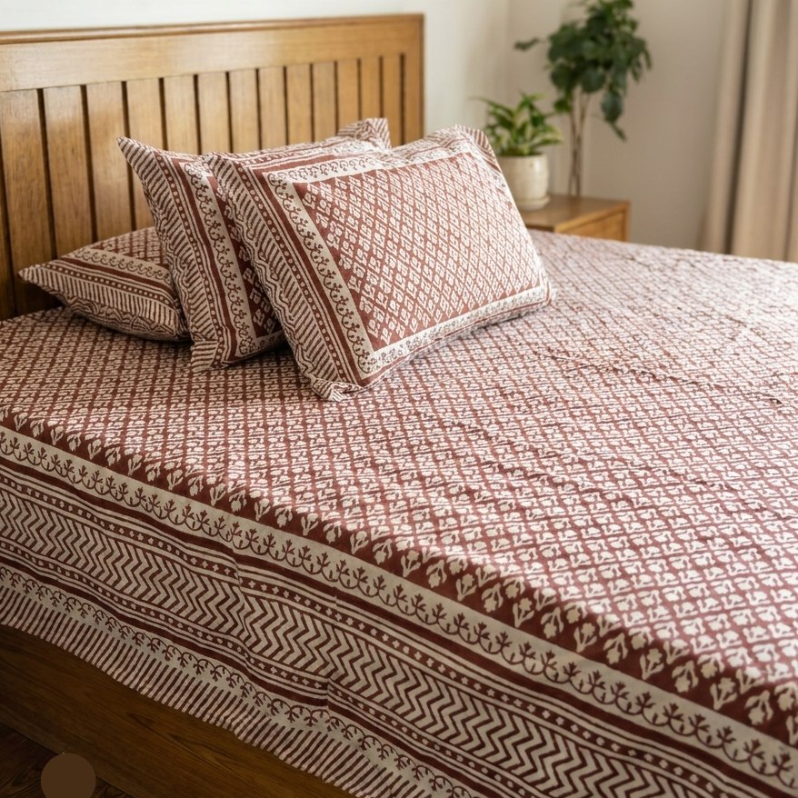 Bed with patterned bedding and pillows in a bedroom setting