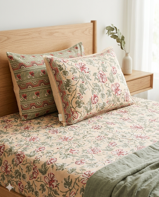 Mehak - Warm Beige with Red Floral Jaal | Everyday Cotton Bedsheet