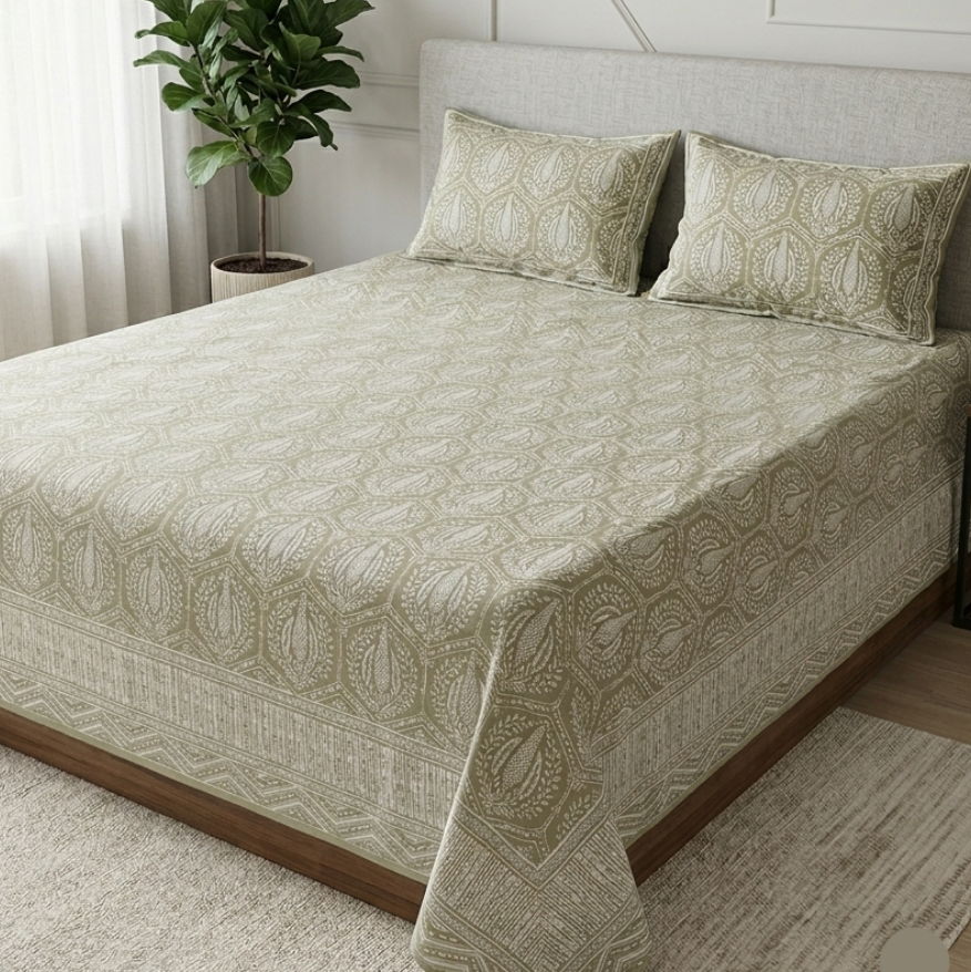 Bed with patterned bedding in a bedroom setting