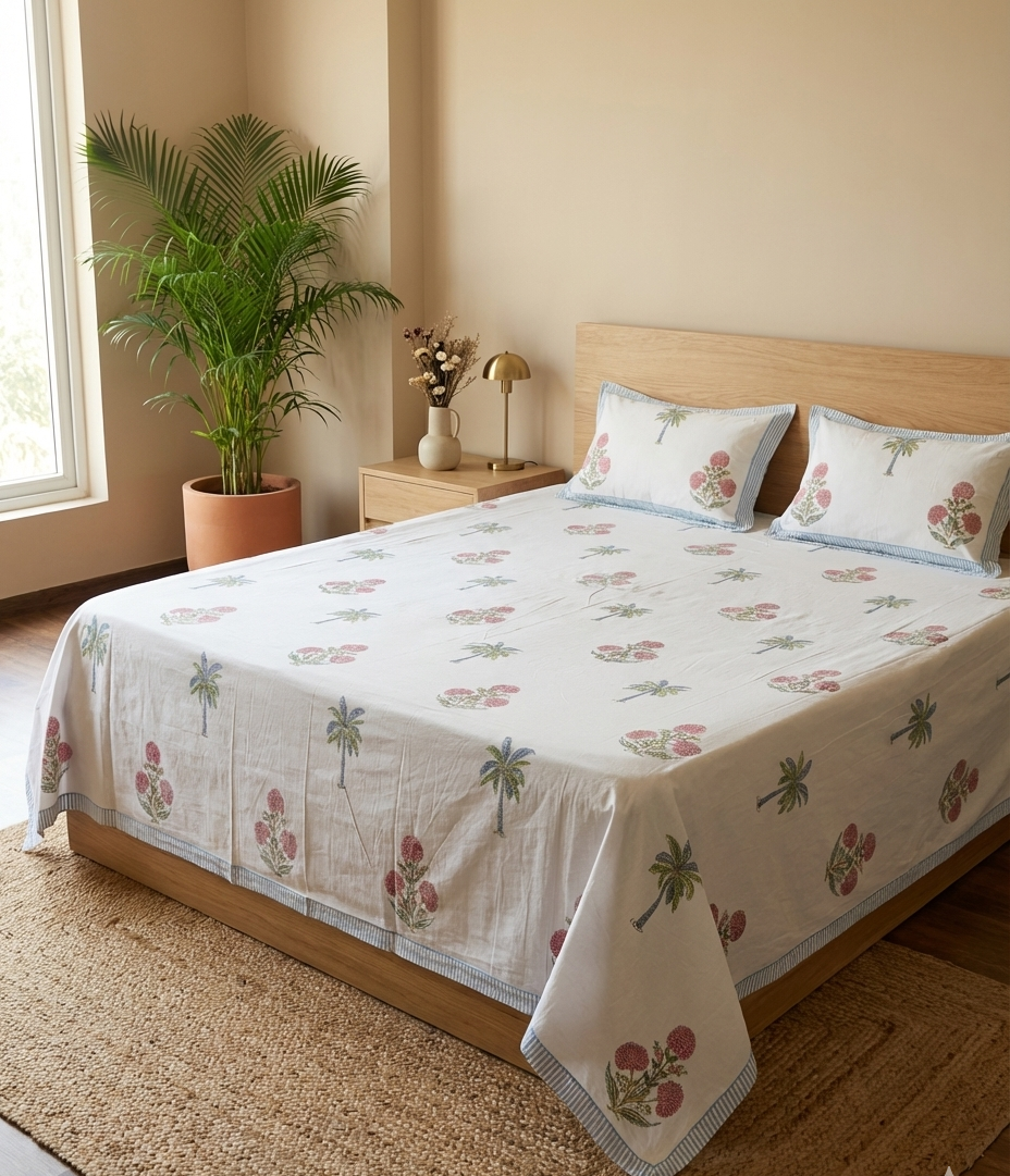 Tropical Print Bedsheet Set Pink