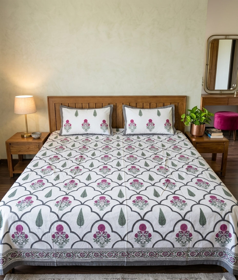 Mohini - Pink Boota with Green Trellis