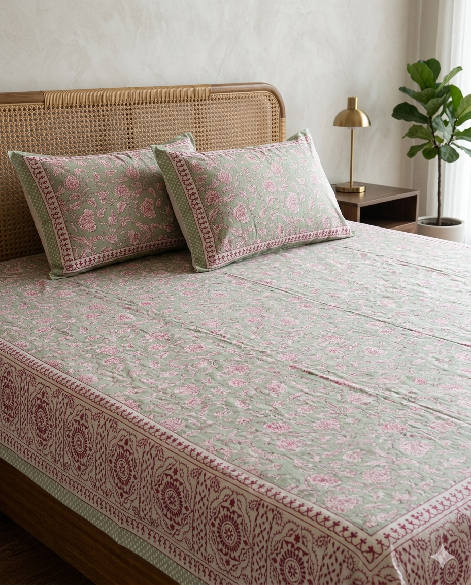 Umang - Green with Pink Floral Jaal