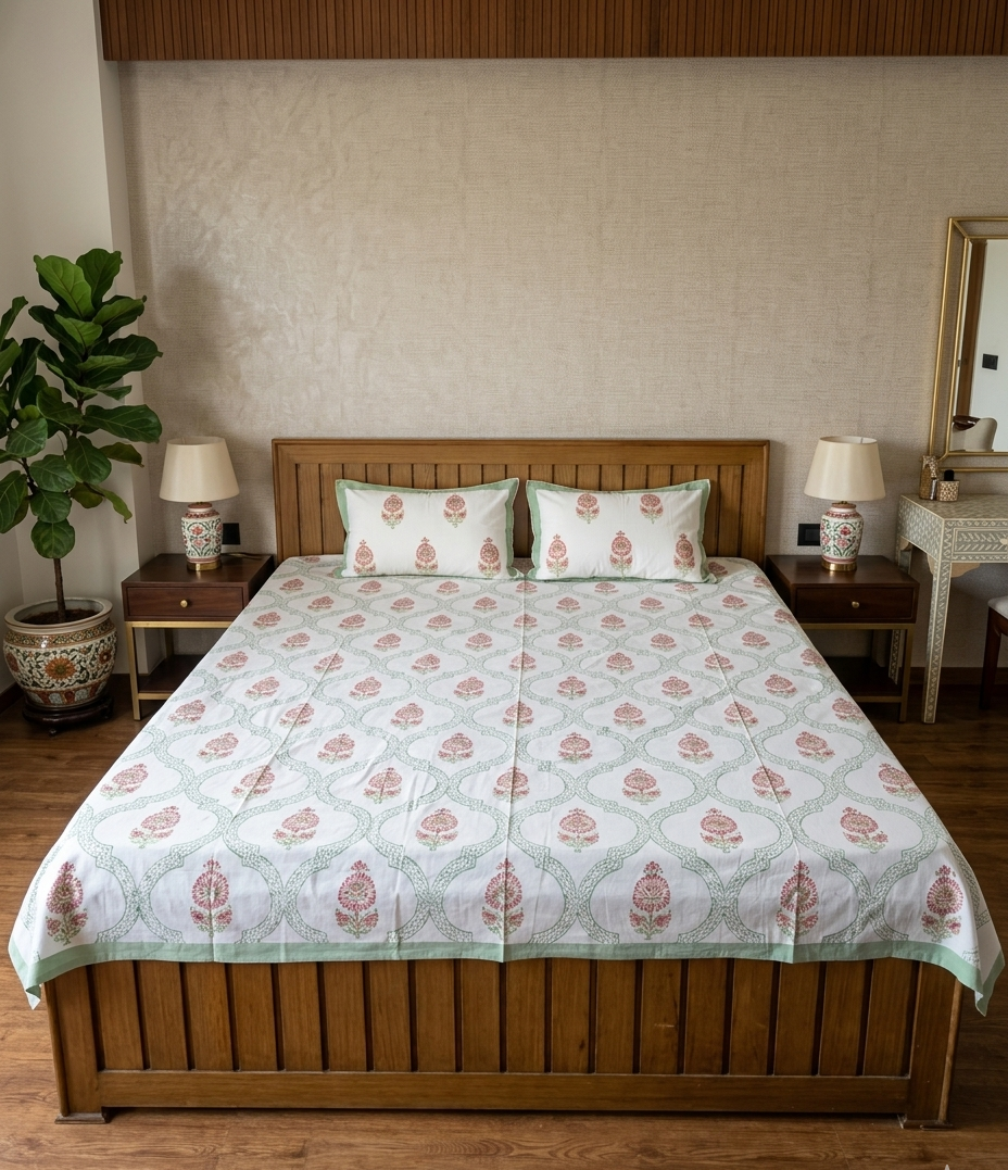 Kumud - Pink Boota with Green Trellis