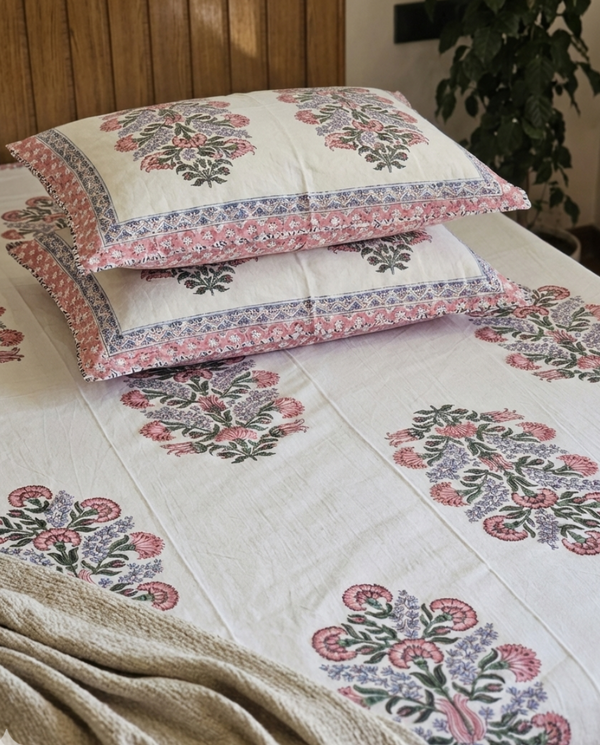Guldasta - Muted Pink and Green Boota | Everyday Cotton Bedsheet