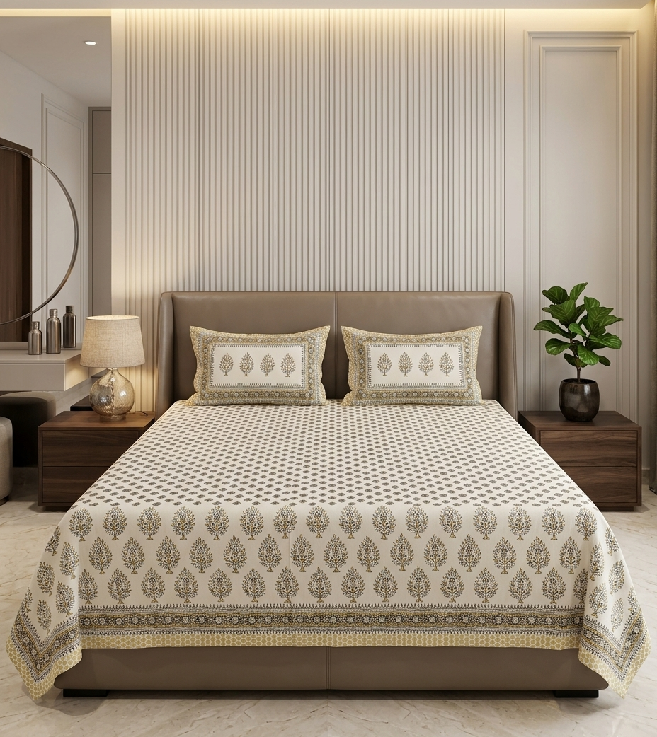 Modern bedroom with a bed covered in a patterned duvet, nightstands, and decor.
