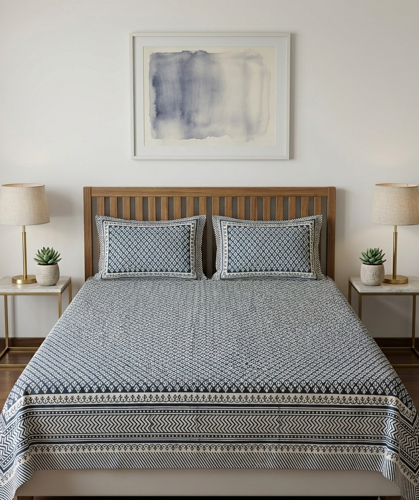 Bagru Boota - Blue | Everyday Cotton Bedsheet