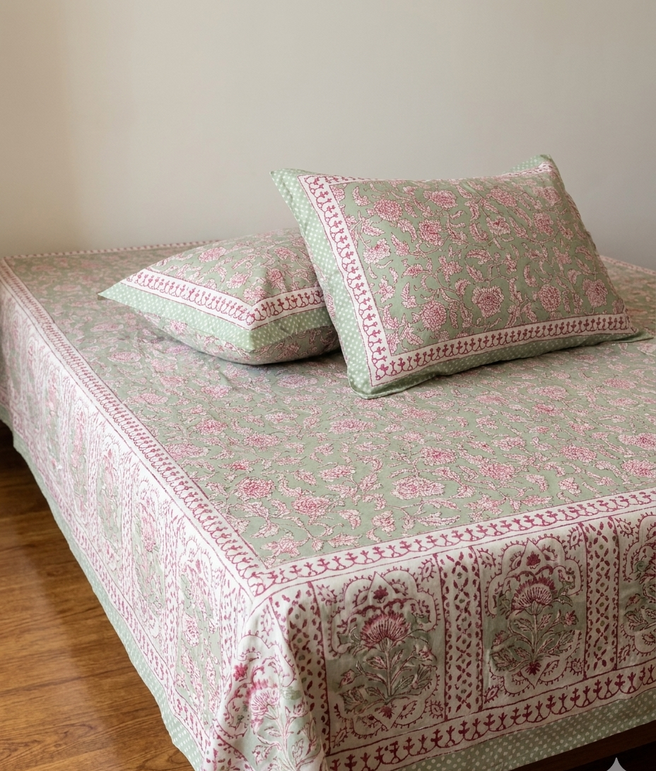 Umang - Green with Pink Floral Jaal