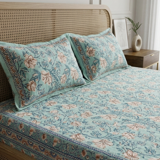 Mehak - AquaGreen with Coral Floral Jaal | Everyday Cotton Bedsheet