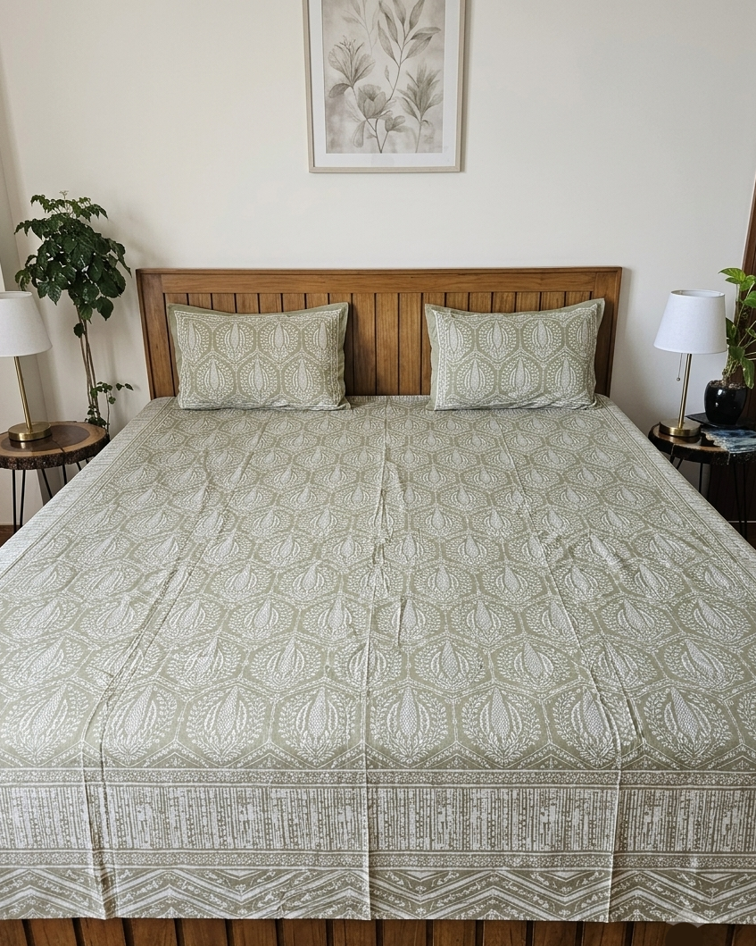 Bed with green patterned bedding in a room with plants and lamps.