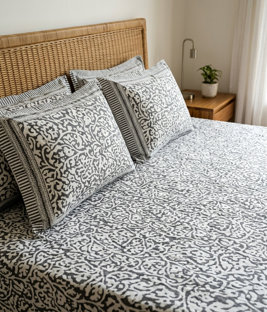 Kamna - Charcoal Grey Floral Jaal | Everyday Cotton Bedsheet