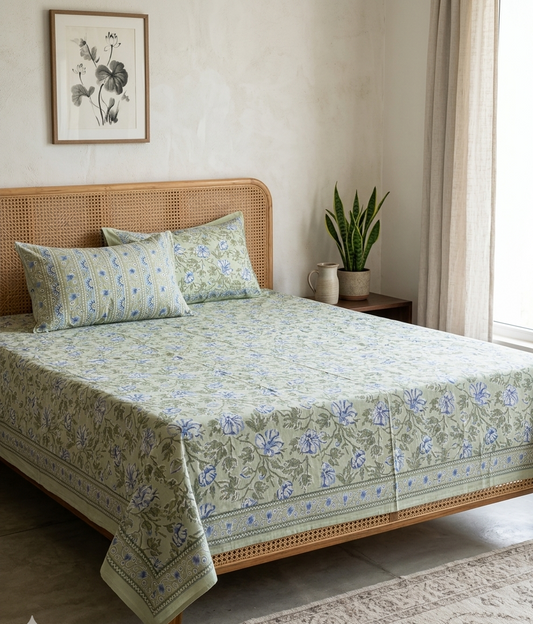 Mehak - Green with Blue Floral Jaal | Everyday Cotton Bedsheet