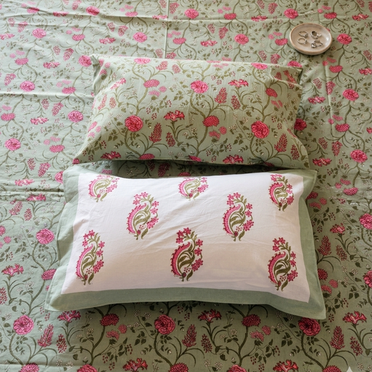 Sukoon - Green with Pink Floral Jaal | Everyday Cotton Bedsheet
