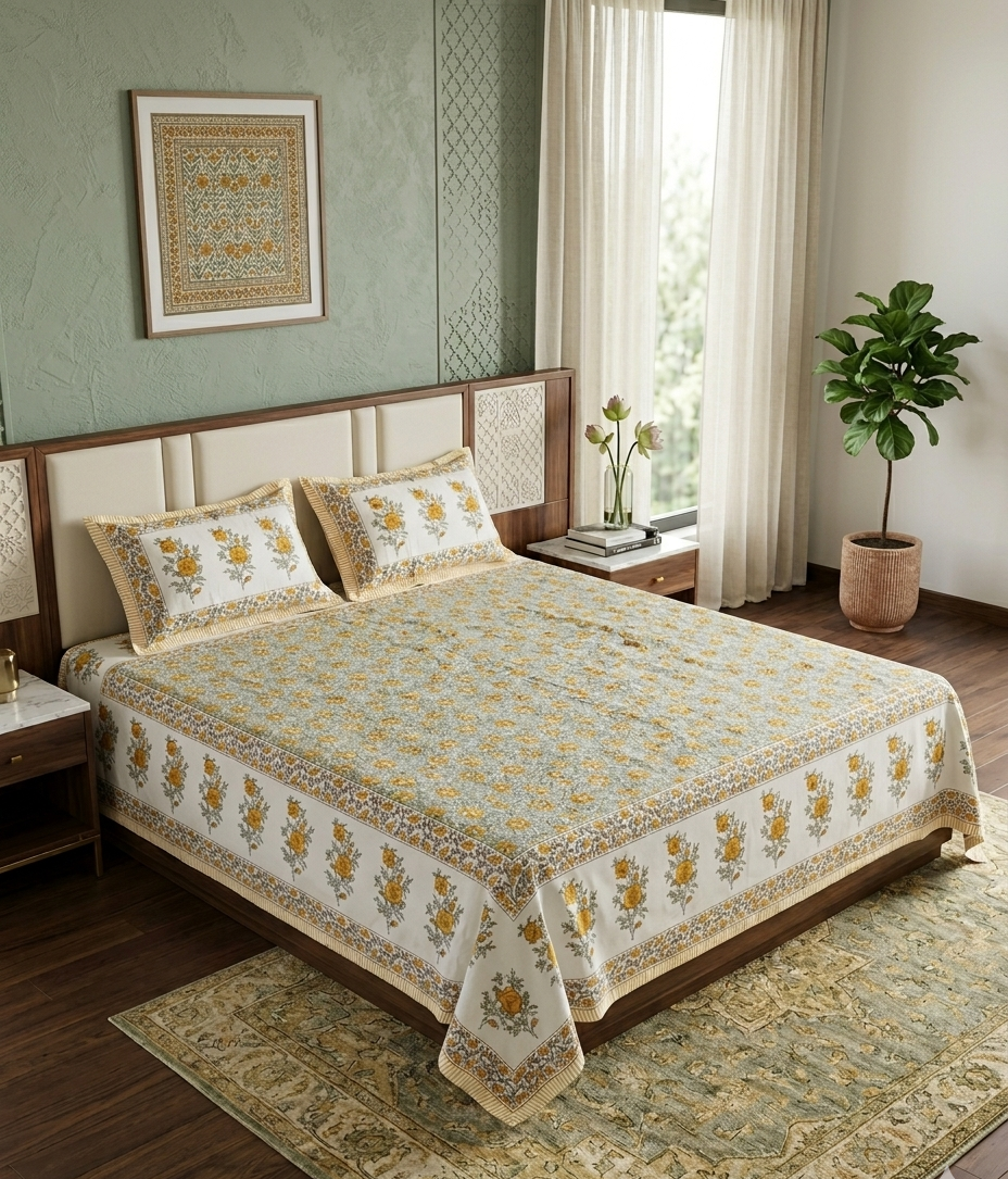 Bagiya - Green Sheet with Mustard Floral Jal