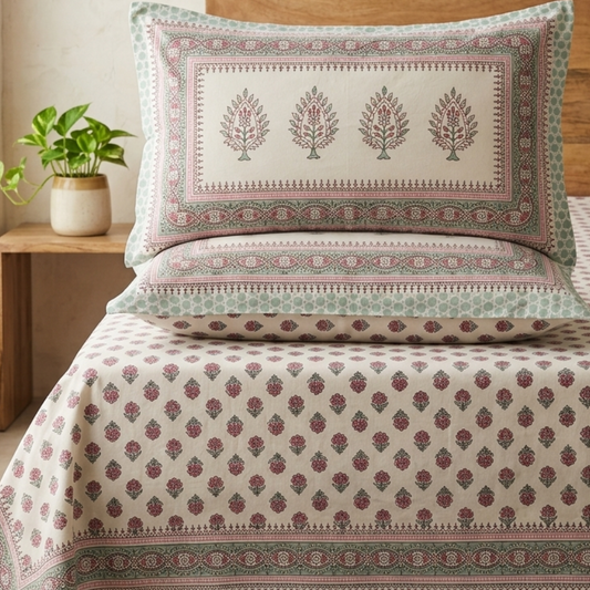Phulwari - Pink and Green Booti | Everyday Cotton Bedsheet