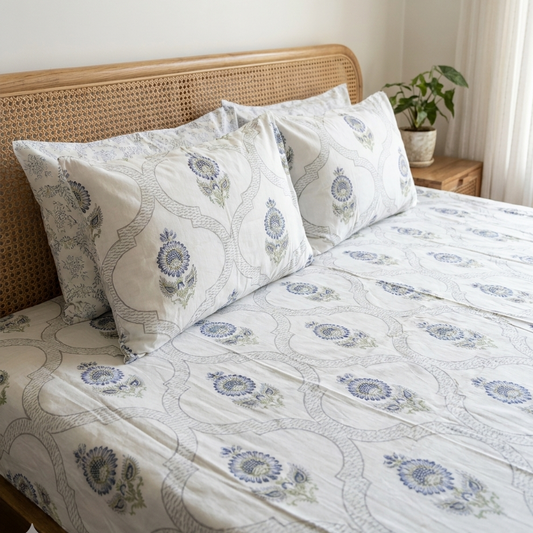 Kumud - Blue Boota with Gray Trellis | Everyday Cotton Bedsheet