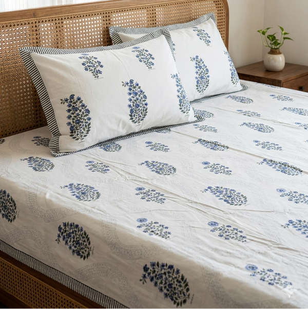 Nagma - White with Blue Boota | Percale Cotton Bedsheet