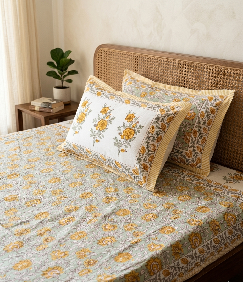Bagiya - Green Sheet with Mustard Floral Jal