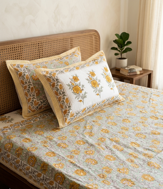 Bagiya - Green Sheet with Mustard Floral Jal | Everyday Cotton Bedsheet