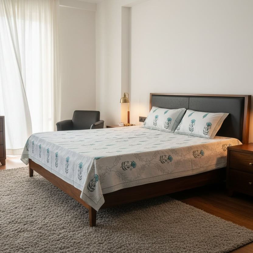 Pushpa Blue Cotton Bedsheet