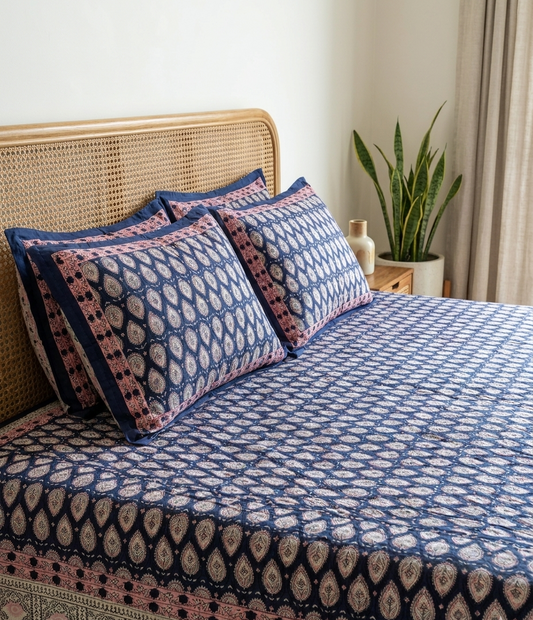 Indigo blue everyday cotton king size bedsheet with hand block print floral design