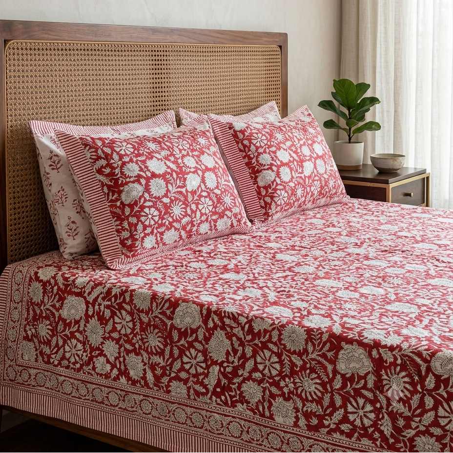 Close-up of Kalakriti Arka Luxe Cotton bedsheet showcasing detailed ivory floral jaal print on a rich red background
