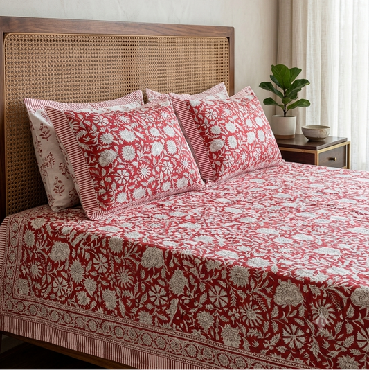 Close-up of Kalakriti Arka Luxe Cotton bedsheet showcasing detailed ivory floral jaal print on a rich red background