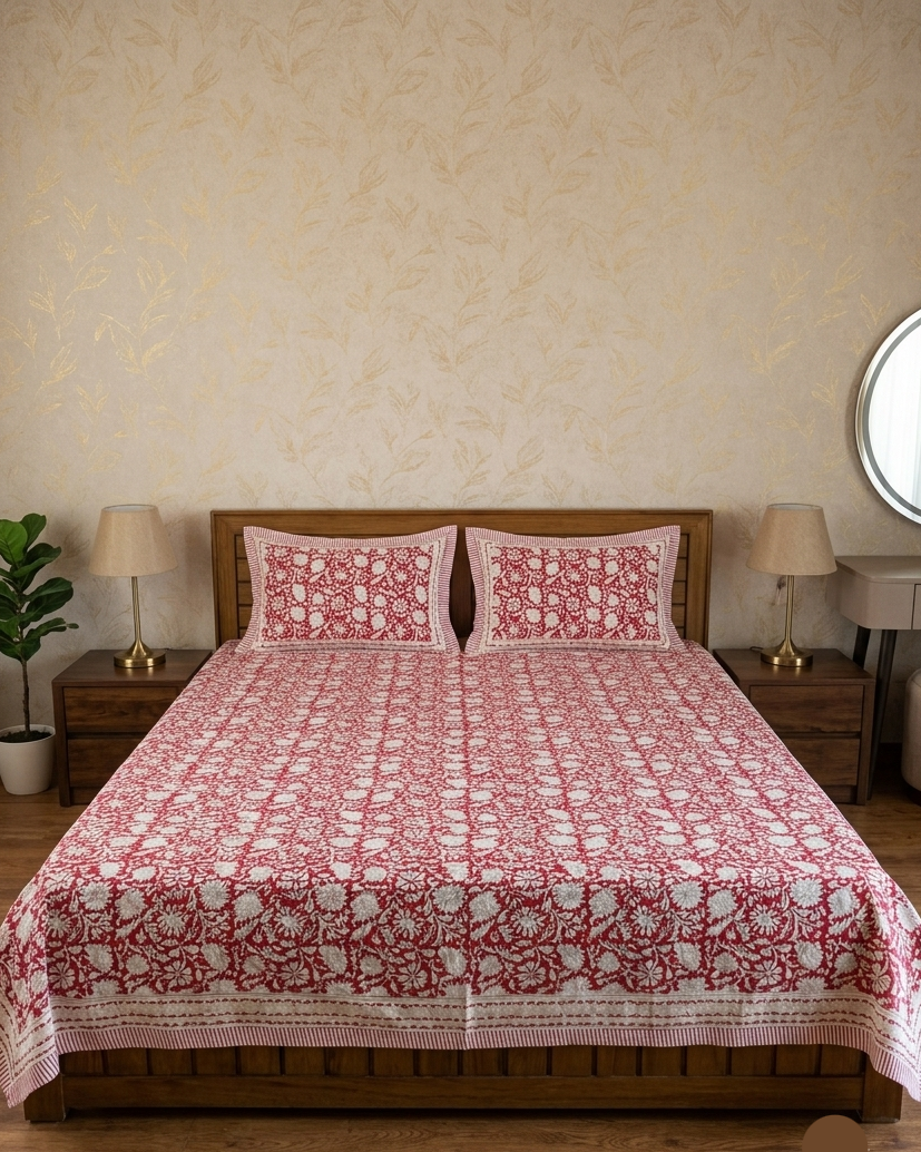 Luxury bedroom styled with Kalakriti red floral Super King cotton bedsheet featuring an intricate handblock-inspired floral pattern