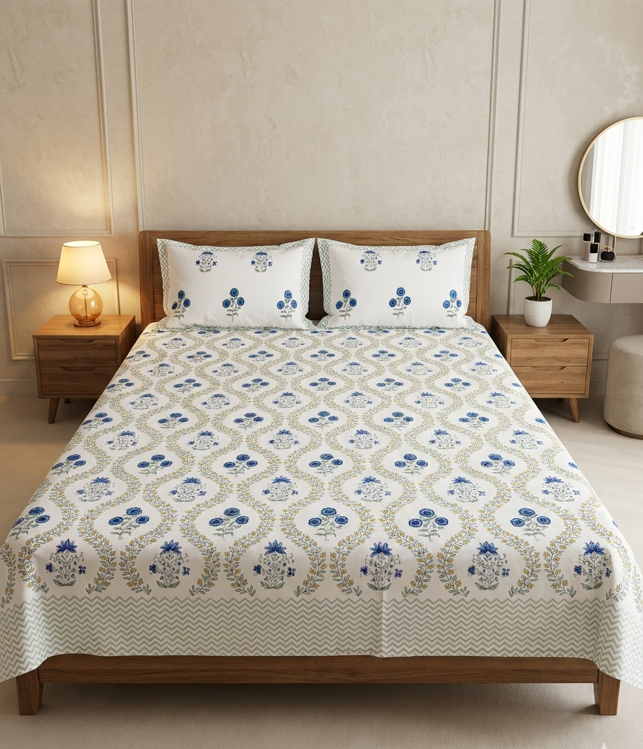 LATA Arka Luxe Cotton king size bedsheet with blue floral hand block print-inspired design on an ivory white base, 108 × 108 inches.