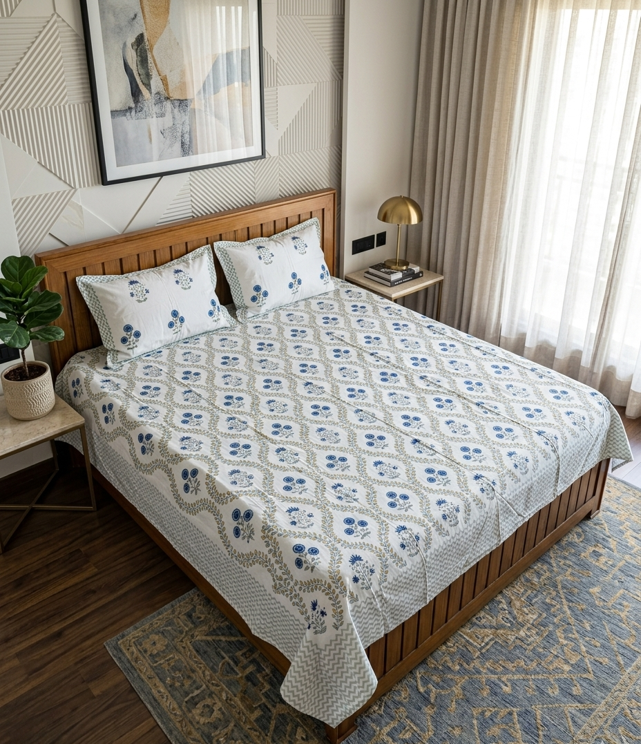 Close-up of the LATA Arka Luxe Cotton bedsheet showcasing the blue floral hand block print-inspired pattern and luxurious 500 TC fabric.