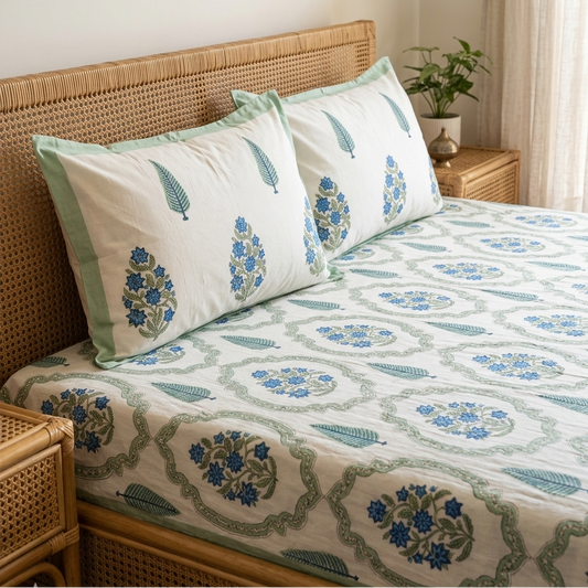 King size everyday cotton bedsheet featuring handblock-inspired blue floral motifs with sage green detailing