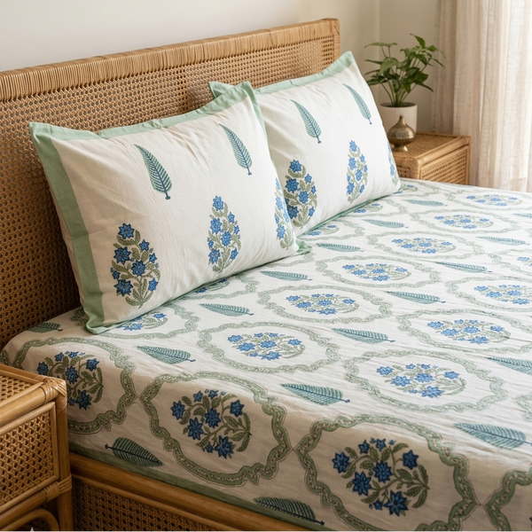 King size everyday cotton bedsheet featuring handblock-inspired blue floral motifs with sage green detailing