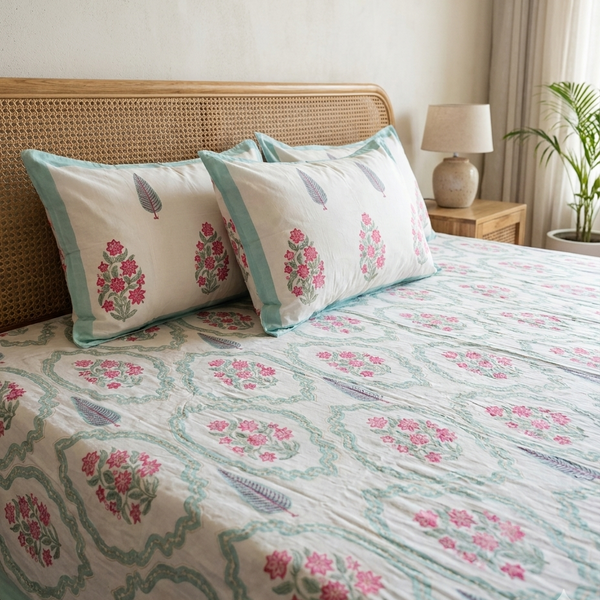 King size everyday cotton bedsheet featuring handblock-inspired pink floral motifs with teal detailing