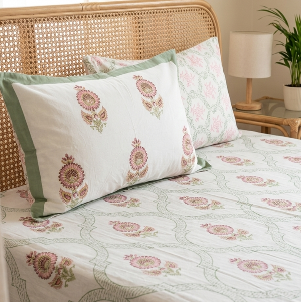 King size everyday cotton bedsheet featuring handblock-inspired pink boota print with green trellis design