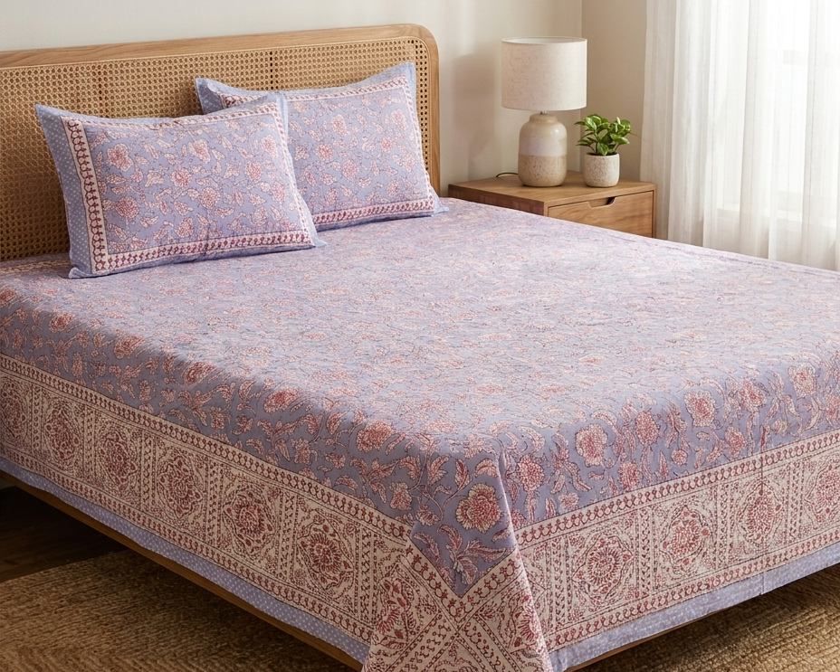 King size everyday cotton bedsheet featuring handblock-inspired blue and pink floral jaal print