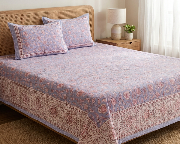 King size everyday cotton bedsheet featuring handblock-inspired blue and pink floral jaal print