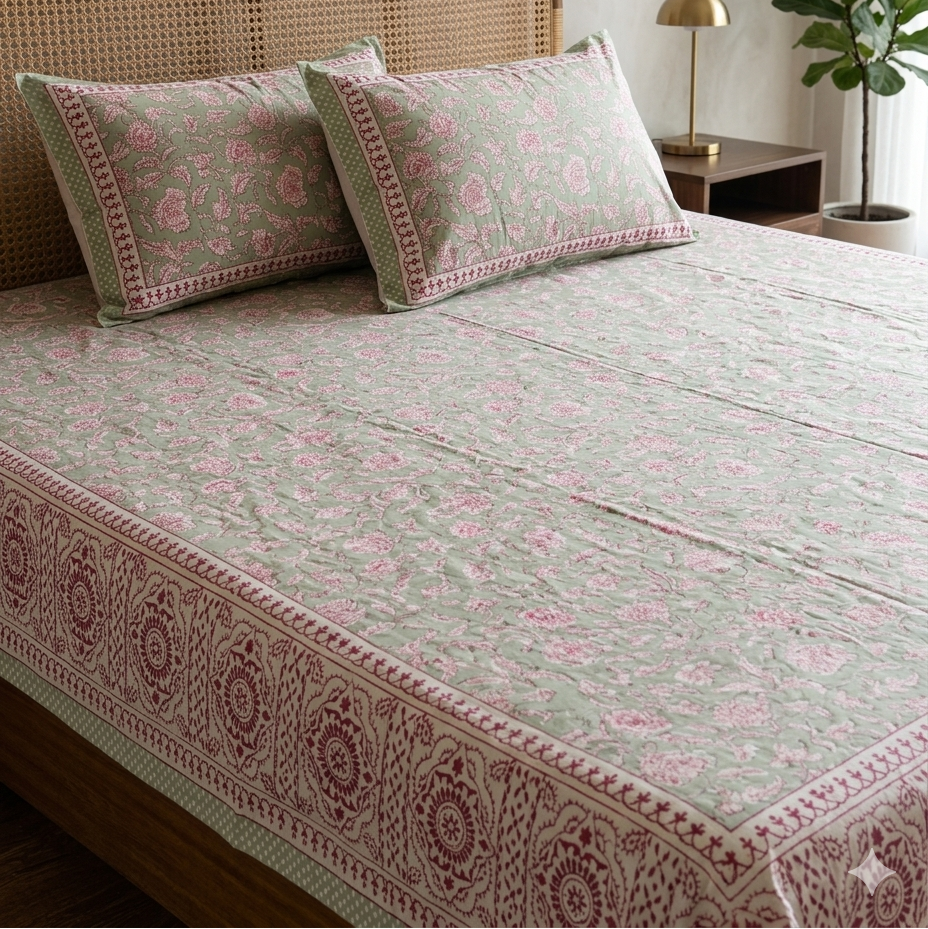 King size everyday cotton bedsheet featuring handblock-inspired green and pink floral jaal print