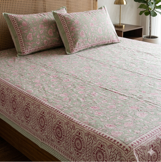 King size everyday cotton bedsheet featuring handblock-inspired green and pink floral jaal print