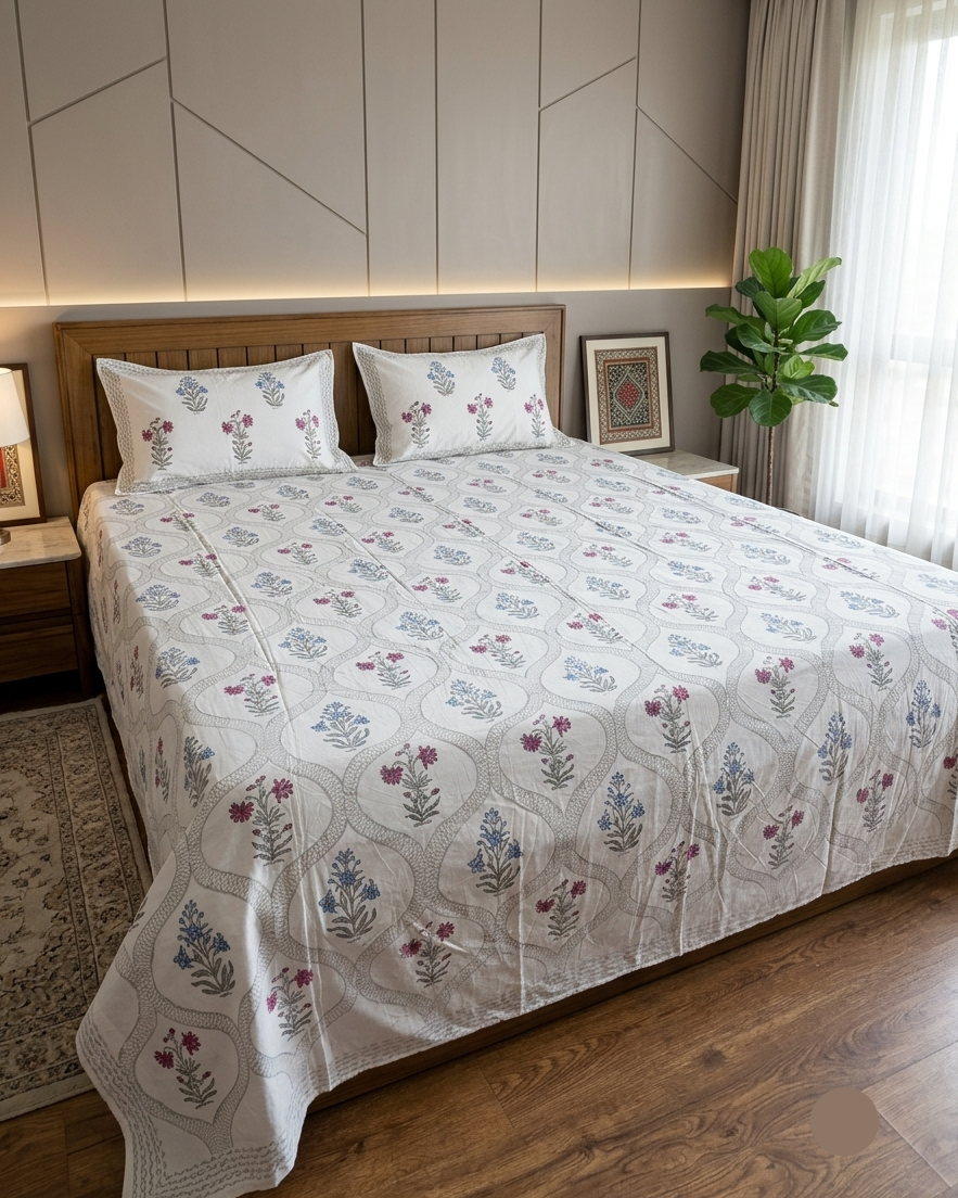 Premium 108x108 Super King cotton bedsheet with blue and pink floral handblock print