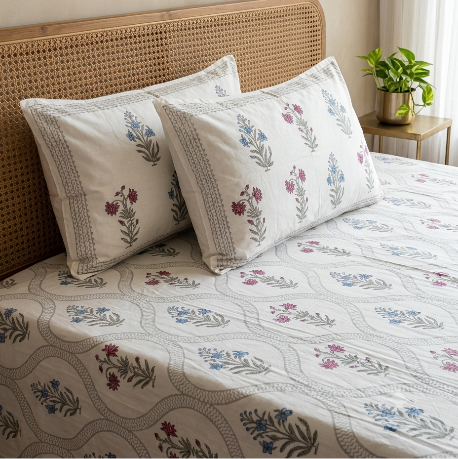 Mallika Arka Luxe Cotton Super King handblock print bedsheet styled on a wooden bed