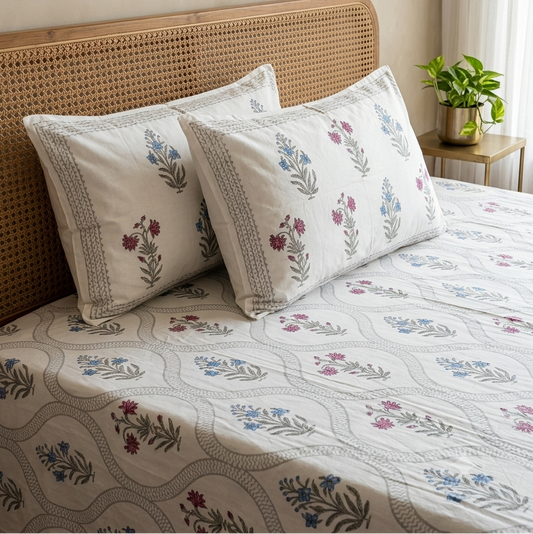 Mallika Arka Luxe Cotton Super King handblock print bedsheet styled on a wooden bed