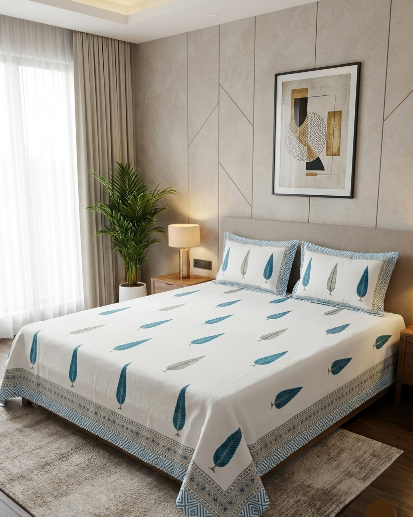 Mallika Blue Leaf Arka Luxe Cotton Super King bedsheet with handblock-inspired leaf print and matching pillow covers