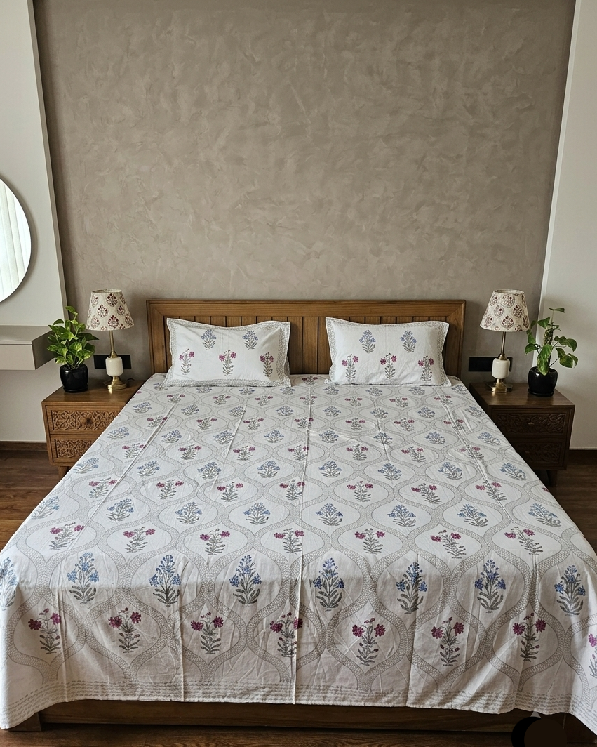 Mallika Super King Arka Luxe Cotton handblock print bedsheet with blue and rose pink floral motifs