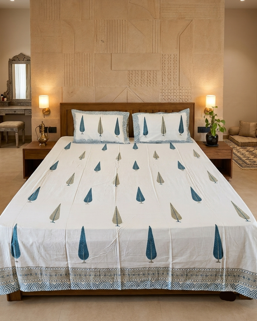 Modern bedroom styled with Mallika white and blue leaf print Super King cotton bedsheet featuring an elegant geometric border