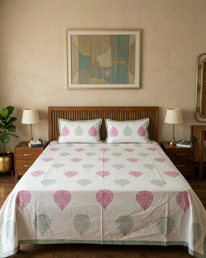 Pink and green boota cotton bedsheet with matching pillow covers for king size bed