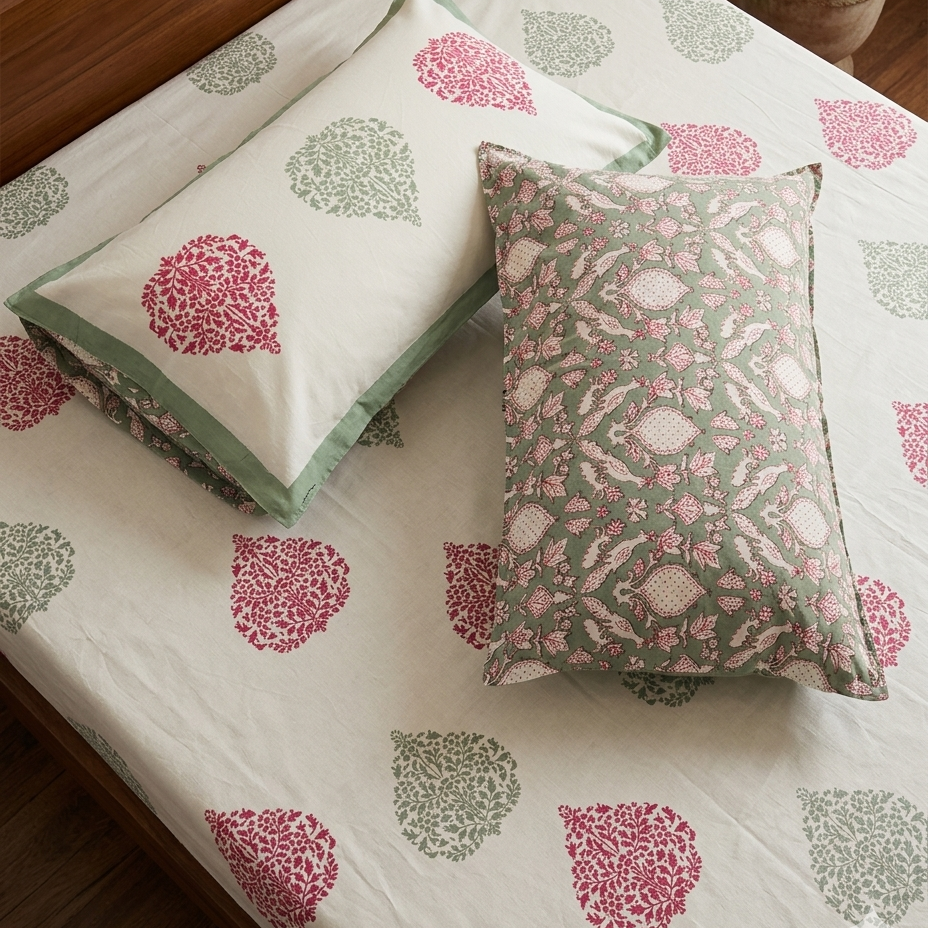 Living With Arka Peepal cotton bedsheet in breathable everyday cotton with pink and green boota design