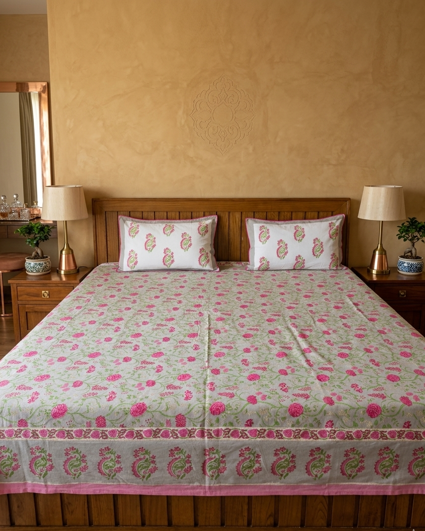Grey and pink floral jaal cotton bedsheet with matching pillow covers for king size bed